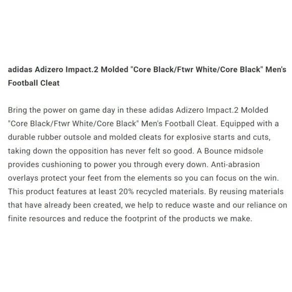 Adidas Adizero Impact 2 Spark Black Molded‎ Cleats IF5102 Men's Size 9 NWT - Picture 7 of 12